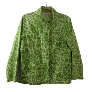 Coldwater Creek Womens Jacket Sz Medium Green Floral Print 100% Cotton Zip Snap